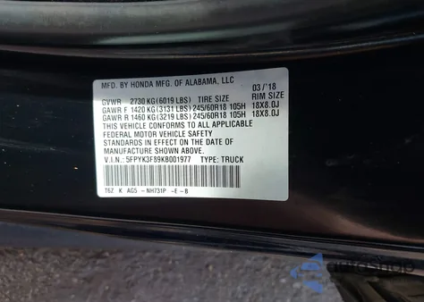 2019 Honda Ridgeline Black Edition z USA, uszkodzony, nr VIN 5FPYK3F89KB001977